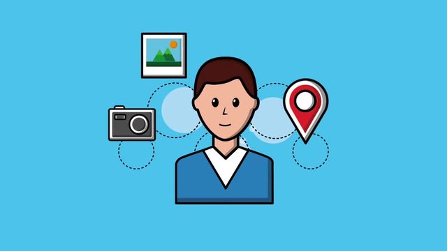 young man pointer map camera and photo viral content animation hd