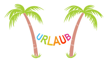 Zwei Palmen mit Hängematte „URLAUB“ / Farbig / Flat Design