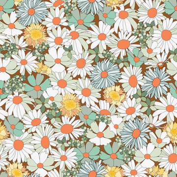 Floral seamless pattern with wild flowers. Illustration in vintage style for decoration fabrics, textiles, paper, wallpaper. chamomile, cornflower, cosme.