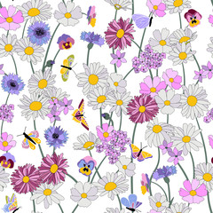 Floral seamless pattern with wild flowers. Illustration in vintage style for decoration fabrics, textiles, paper, wallpaper. chamomile, cornflower, cosme, pansies.