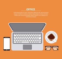office laptop smartphone glasses and coffee working process vector illustration
