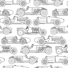 Materiał do szycia Vector race retro sport car seamless pattern. black and white Vintage automobiles isolated on white background. coloring book