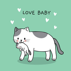 Cartoon cute mom and baby cat vector.