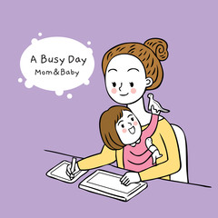 Cartoon cut busy day mom and daughter vector.