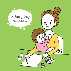 Cartoon cut busy day mom and daughter vector.