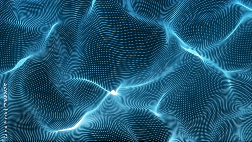 Poster abstract loopable blue cg motion waving dots texture with glowing defocused particles. cyber or tech