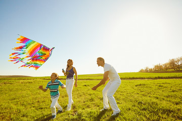 Happy family with a kite playing in the field in nature.