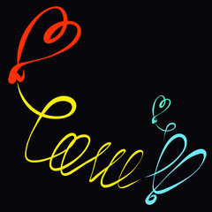 The word LOVE, hearts and balloon on a black background