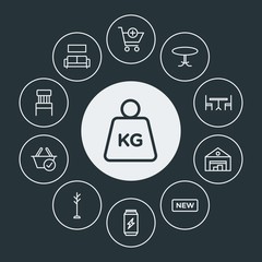 drinks, shopping, furniture Infographic Circle outline Icons Set. Contains such Icons as  measurement,  coat,  room,  container, sofa, furniture, stand,  cart and more. Fully Editable. Pixel Perfect