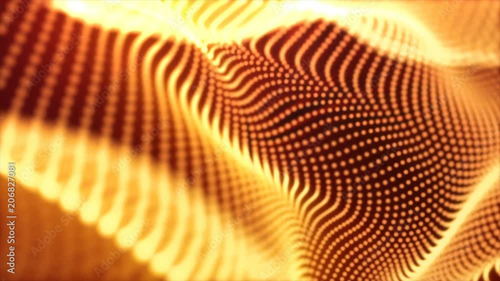Poster abstract loopable gold cg motion waving dots texture with glowing defocused particles. cyber or tech