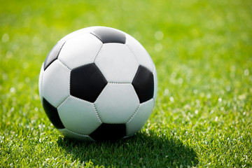 Soccer Ball on a Soccer Field. Green Grass Football Pitch. Soccer Turf in the Background