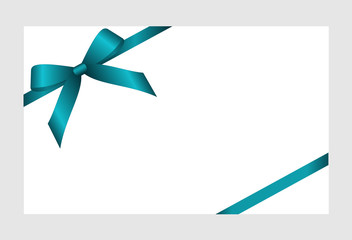 Invitation, Greeting or Gift Card With turquoise Ribbon And A Bow  on white background.  Gift Voucher Template with  place for text.