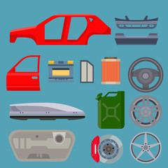 Car service parts flat auto mechanic repair of machines and equipment vector illustration
