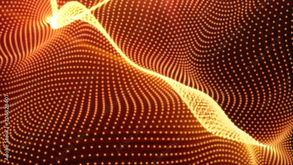 Poster abstract loopable gold cg motion waving dots texture with glowing defocused particles. cyber or tech
