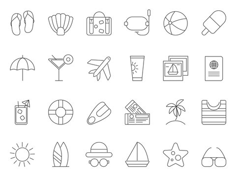 Mono line pictures of summer time theme. Vector icons set