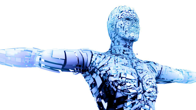 3d abstract man in t-pose with cracked skin and light inside