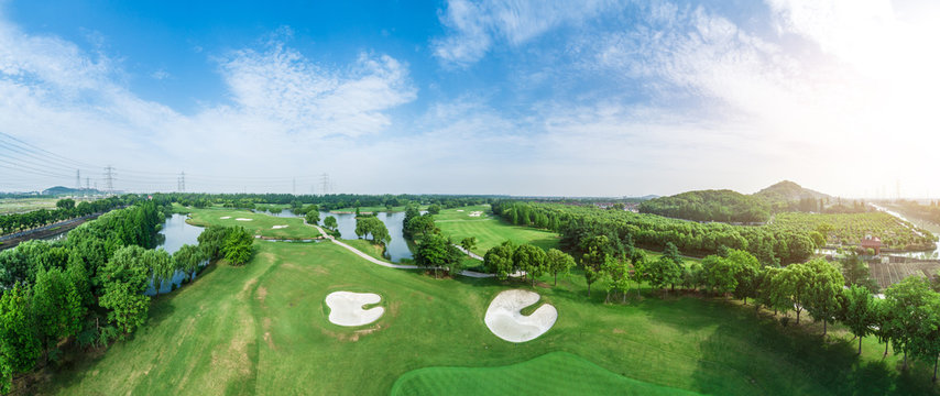 Aerial view of a beautiful green golf course,panoramic view