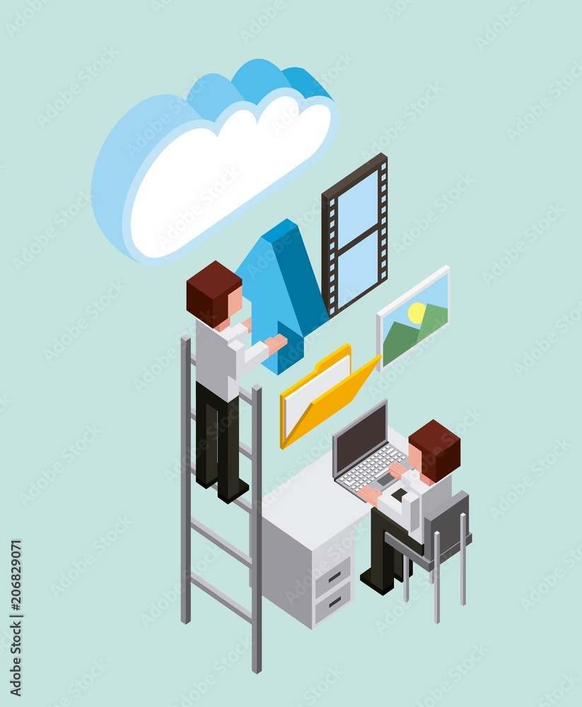Poster man working in office transfer data cloud computing storage vector illustration