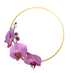 Fototapeta na wymiar Orchid. Tropical flowers. Floral background. Pattern. Gold ring. Exotic plants. Branch. Buds. Purple. Template. Border. Round frame.