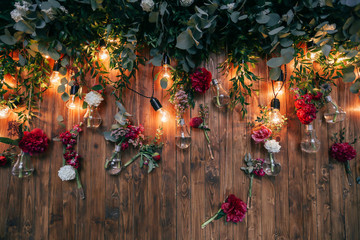 Rustic wedding photo zone. Hand made wedding decorations includes Photo Booth  red flowers....