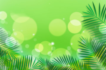 Fototapeta na wymiar Summer Bokeh Background with Palm Leaves Frame. Can use Sale sign, flyer, poster, shopping, card, website, party, promotion, menu.