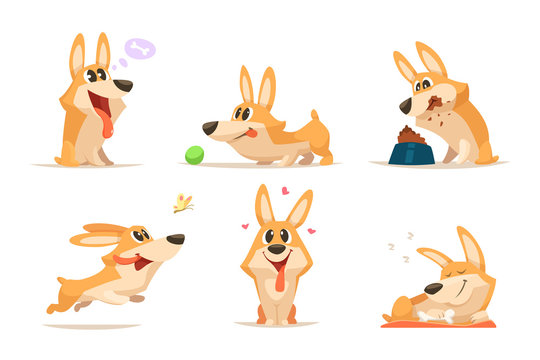 Cute cartoon funny puppy. Vector animal. Dog in various action poses