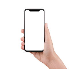 Isolated female hand holding a cellphone with clipping path
