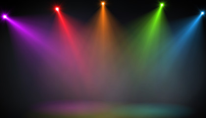 abstract of empty stage with colorful spotlights or Several bright projectors for scene lighting...