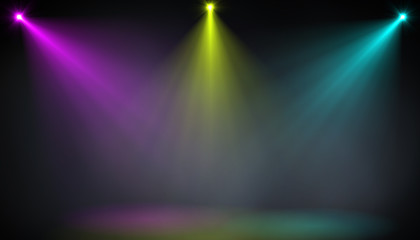 abstract of empty stage with colorful spotlights or Several bright projectors for scene lighting effects . can be used for display or montage your products