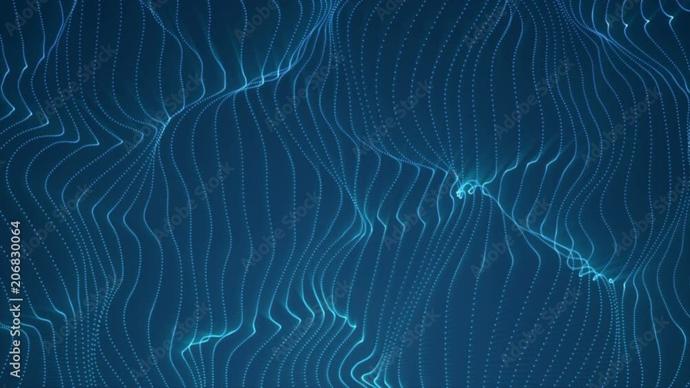 Poster abstract loopable blue cg motion waving dots texture with glowing defocused particles. cyber or tech