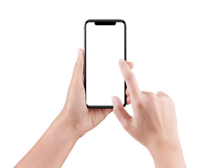 Isolated female hand holding a cellphone with clipping path, Woman typing on mobile phone isolated on white background.