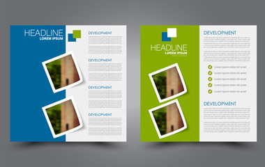 Square flyer template. Brochure or anual report cover design. For business and education. Vector illustration. Green and blue color.