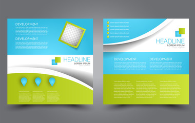 Square flyer template. Simple brochure design. For business and education. Vector illustration. Blue and green color.