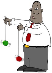Illustration of a black businessman playing with two yo-yos at the same time.