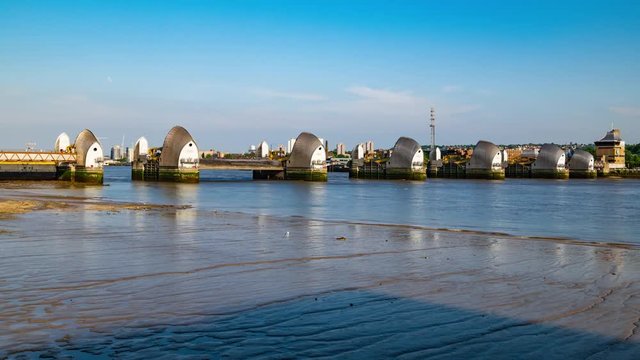 8k timelapse view of the the river Thames barrier, London. It regulates the tide of the river and avoids flooding