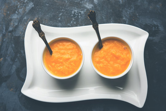 Mango Pulp / Aam rus or Ras served in small bowls, selective focus
