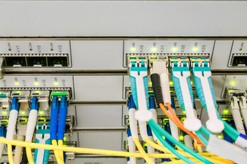 Trunk interfes of the central router. Optical links on the front panel of the network switch. Powerful computer equipment is located in the data center server room