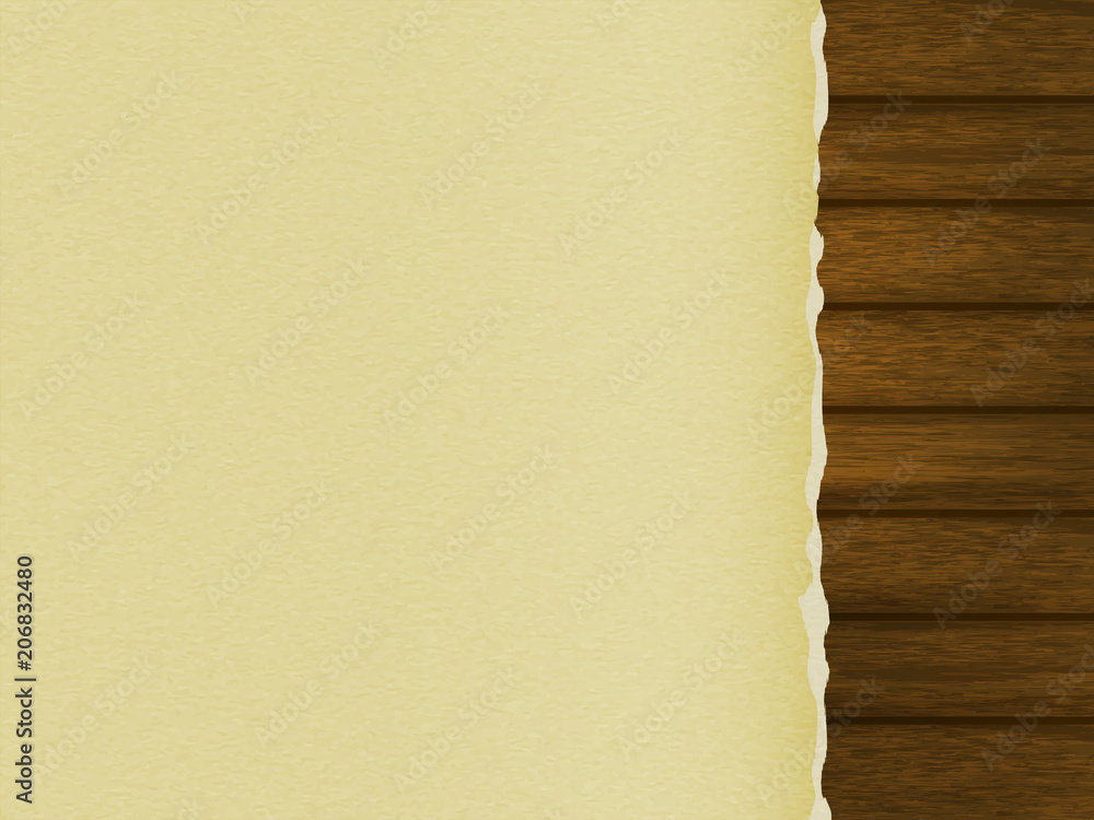 Poster template for your design. a blank sheet of paper with torn edges on a wooden table. realistic style.