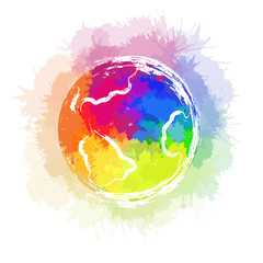 Illustration of planet earth with rainbow watercolor splashes and ink strokes on white background. The object is separate from the background. Vector element for your creativity