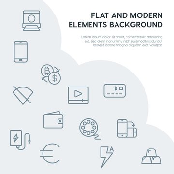 money, mobile, video, photos outline vector icons and elements background concept on grey background.Multipurpose use on websites, presentations, brochures and more