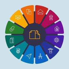files, email, education Infographic Circle outline Icons Set. Contains such Icons as  post,  day,  mailbox,  laptop,  school, paperclip,  chemistry,  molecular and more. Fully Editable. Pixel Perfect
