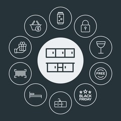 drinks, shopping, furniture Infographic Circle outline Icons Set. Contains such Icons as  soda,  modern,  door,  furniture,  wash,  delivery,  house,  alcohol and more. Fully Editable. Pixel Perfect