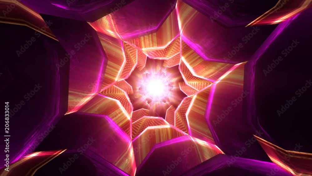 Poster abstract technology tunnel. violet metal concstruciton sharp corners with reflections the camera rot
