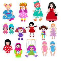 Vector doll toy cute girl female set illustration childhood baby dress face child beautiful dollhouse children baby toyhouse cartoon isolated on white background