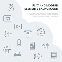 money, mobile, video, photos outline vector icons and elements background concept on grey background.Multipurpose use on websites, presentations, brochures and more
