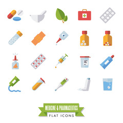 Pharmaceutics and medicine flat design isolated icons vector set.