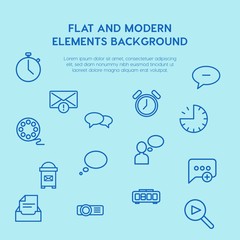chat and messenger, video, time, email outline vector icons and elements background concept on blue background.Multipurpose use on websites, presentations, brochures and more