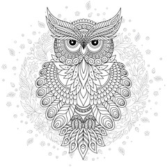  Coloring page with cute owl and floral frame.