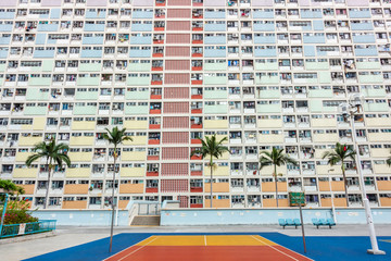 HONG KONG , CHINA - MAY 7, 2018 : Colorful Basketball Court in Choi Hung oldest public housing...