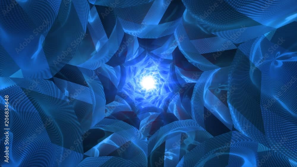 Poster abstract technology tunnel. blue metal concstruciton sharp corners with reflections the camera rotat